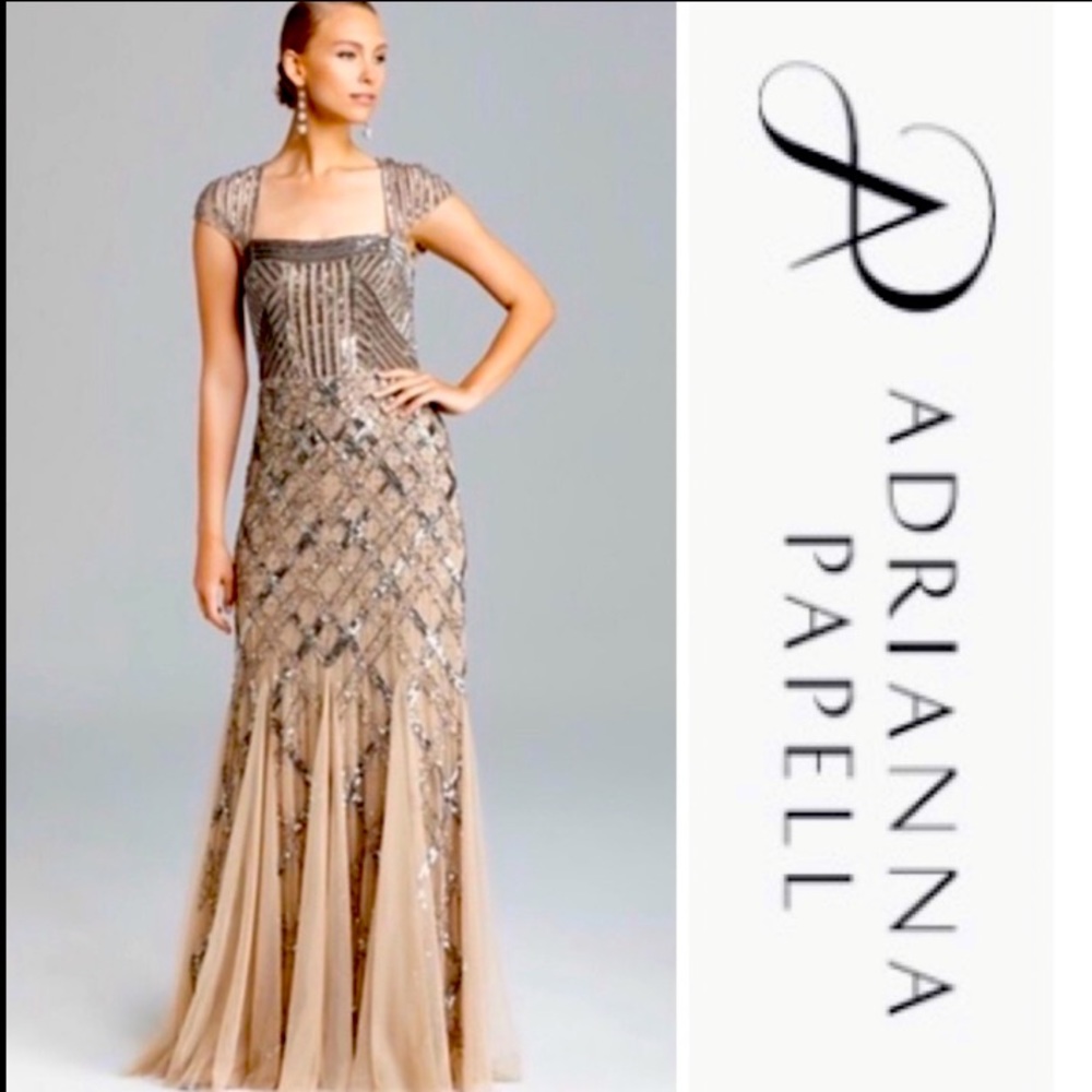 Adrianna Papell Beaded Champagne Maxi Dress